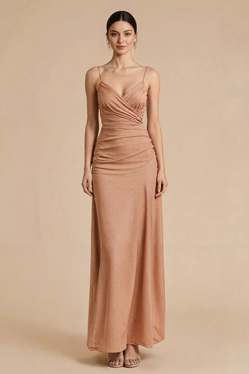 Terracotta Sheath Ruched Maxi Evening Dress